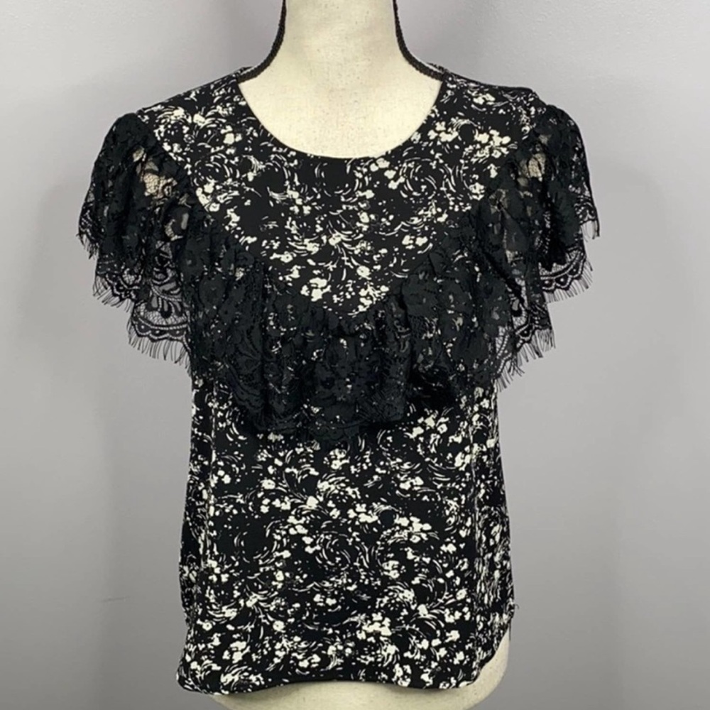 🌞 Lily Rose Black White Floral Frayed Black Lace Sleeveless Blouse Women XS